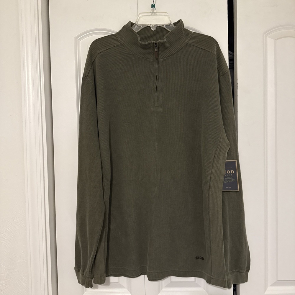 IZOD Jeans Rock Washed Mens L Khaki Green 1/4 Zip Pullover Sweatshirt Mock Neck - Picture 1 of 12